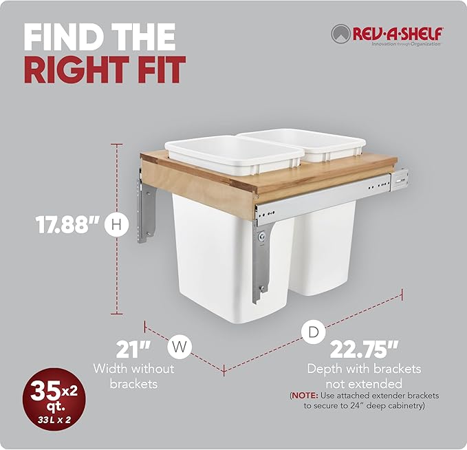 Rev-A-Shelf Top Mount Double Pullout Under Cabinet 35 Quart Kitchen Trash Cans with 150 Pound Rated Full-Extension Slides, 4WCTM-24DM2