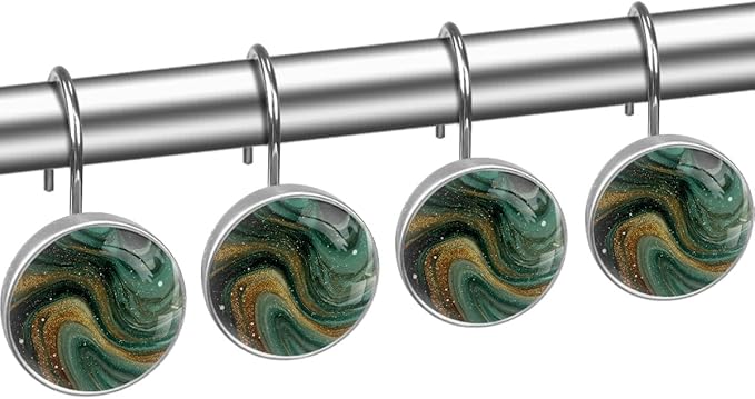 Green Marble Shower Curtain Hooks, 12Pcs Decorative Rust Resistant Shower Rings for Shower Curtain Rods, Stainless Steel Round Curtain Hooks for Bathroom, Bedroom, Farmhouse
