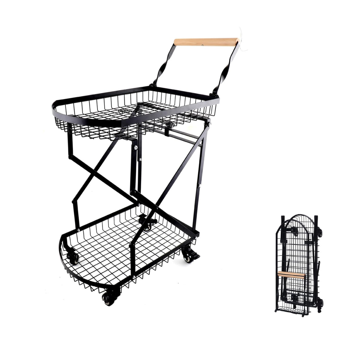 2-Tier Folding Metal Shopping Cart On Wheels,Collapsible Utility - Image 1