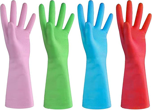 URBANSEASONS Dishwashing Rubber Gloves for Cleaning – 4 Pairs Household Gloves Including Blue, Pink, Green and Red, Non Latex and Fit Your Hands Well, Great Kitchen Tools