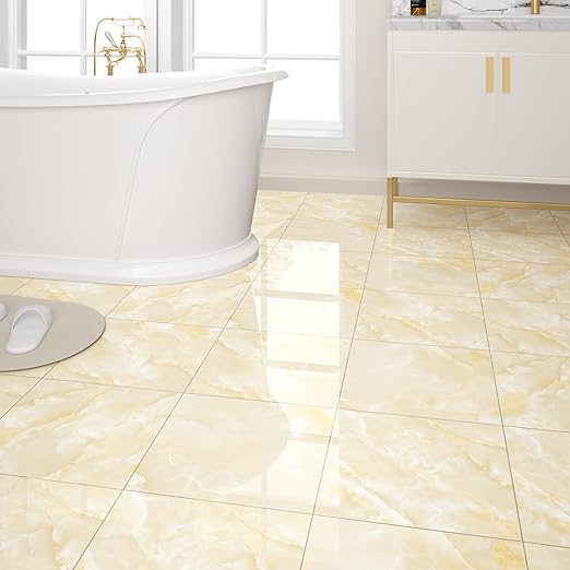 40-Pack 40 Sq.Ft Peel and Stick Floor Tiles Vinyl Polish Pattern Flooring, 12” x 12” Self Adhesive Vinyl Flooring DIY for Kitchen, Bathroom, Laundry, Polish Ivory Beige Marble