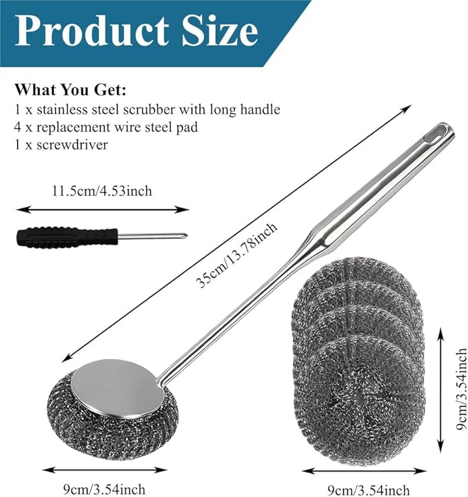 6Pcs Steel Wool Scrubber with Long Handle - Stainless Steel Scrub Brush Set for Scouring Stubborn Messes from Cast Iron, Pots & Pans, BBQ Grill, Sink (1 Scrubber + 4 Pads + 1 Screwdriver)