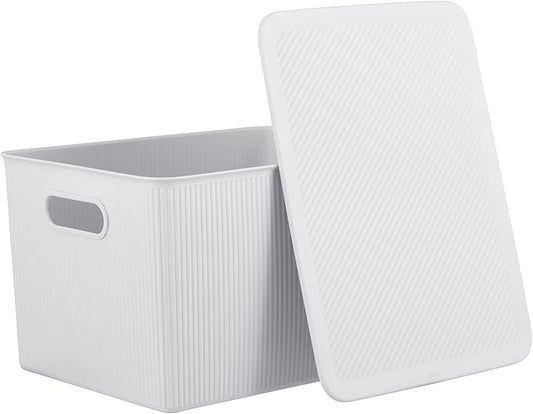 Decorative Plastic Basket Lidded Home Storage Bins Organizer, X-Large White Smoke (1 Pack - 22 Liter) Stackable Container Box, for Organizing Closet Storage Bins for Shelves - Ribbed Collection