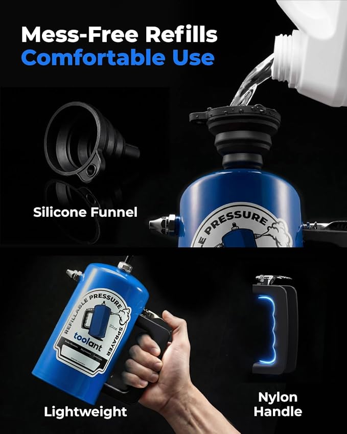 toolant 32oz Refillable Pressurized Sprayer, Steel Canister, Rust-Resistant Lining, Needle Valve Leak-Resistant, 1.0/0.6mm Nozzles, Funnel Included, 200 PSI Max, for Brake Cleaner & Solvents, Blue
