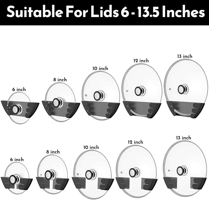 Universal Adjustable Pot Lid Holder Organizer for Cabinet - Upgraded Patented Niceyos 4 Pack Pan Lids Organizers Inside Cabinet Door Wall Mount Pots Top Rack for Kitchen Cupboard Fit 6" to 13" (Black)