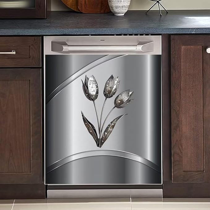 Gray Metallic Flower Pattern Magnet Dishwasher Cover Stainless Steel Magnetic Cover, Kitchen Dishwasher Door Magnet Cover Panel Refrigerator Decortive Sticker (23" x 26" Magnetic)