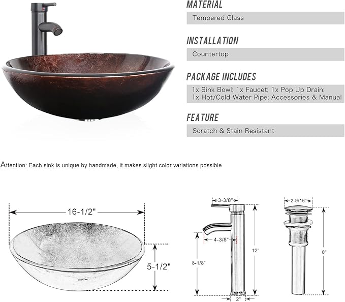 eclife 48" Modern Bathroom Vanity Sink Combo Freestanding Cabinet with Small Side Cabinet, Brown Round Glass Vessel Sink, Water Save Faucet, Drain (Black+A09)