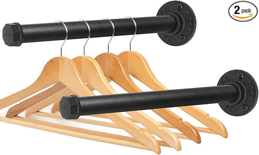 Wall Mounted Clothes Rack, Industrial Pipe Clothing Rack for Hanging Clothes, Heavy Duty Cast Iron Garment Racks for Wardrobe Organizers, DIY Closet Rods Closet Bar (Black 2 Pack, 12 Inch)