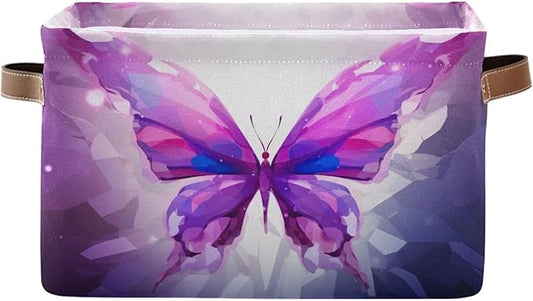 Storage Basket Purple Butterfly Rectangular Collapsible Canvas Shelves Storage Bins with Leather Handles for Shelves Home Closet Bedroom Living Room, 1Pack