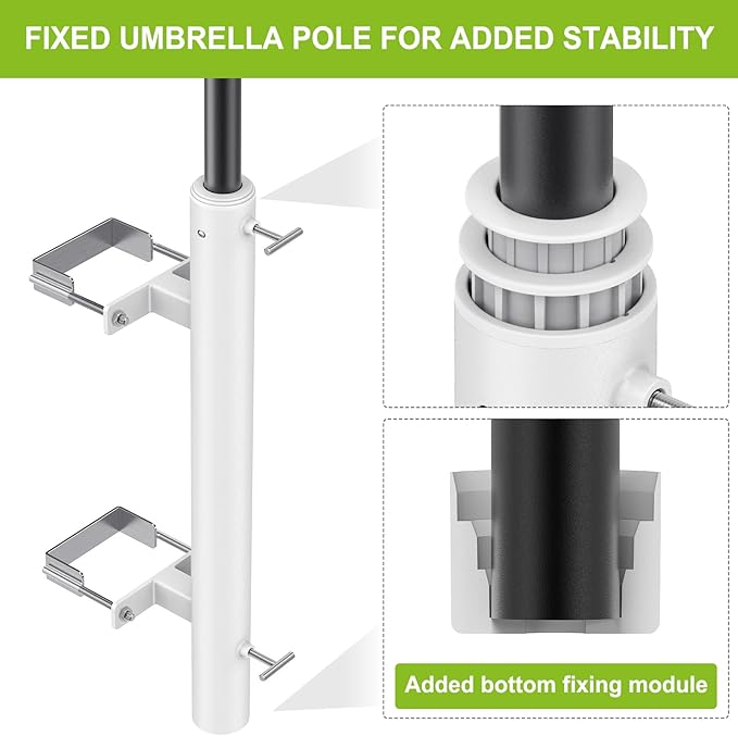 Dolibest Heavy Duty Patio Umbrella Holder, Steel Deck Clamp Holder up to 2'' Poles, Deck Mount Umbrella Holder, Space Saving Design, Attaches to Railing Max Width 4 inch, Easy Installation- White