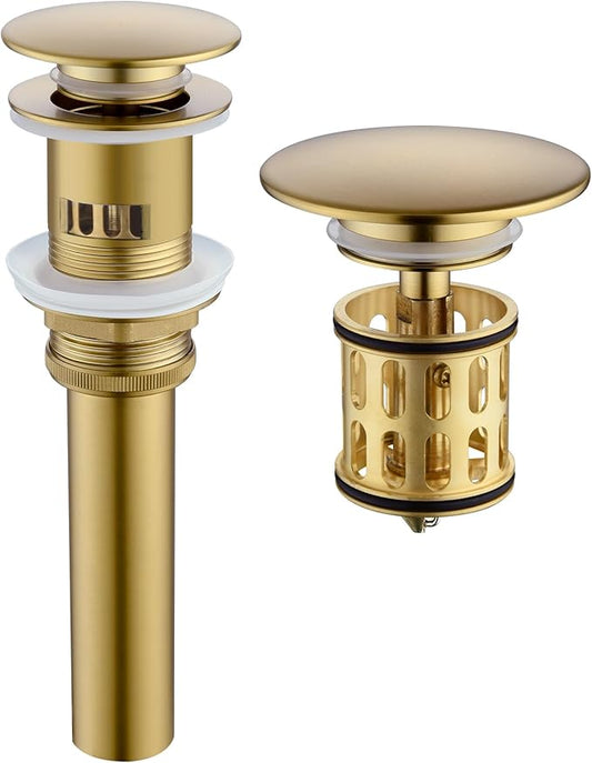 JONKEAN Bathroom Pop Up Drain with Overflow,Vanity Vessel Sink Drain with Detachable Basket,Pop Up Drain Stopper Hair Catcher, Built-in Anti-Clogging Strainer (Brushed Gold, with Overflow)