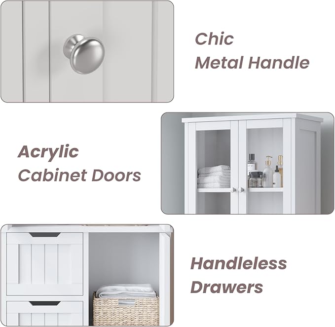 Karl home Bathroom Storage Cabinet, 58" Tall Storage Cabinet with 3 Drawers & Doors, Freestanding Kitchen Pantry for Dining Room, 2 Glass Doors, Adjustable Shelves, Living Room, White