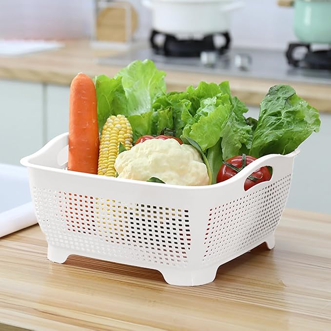 Double-layer Draining Basket Plastic Fruits & Vegetable Wash & Drain Basket, Multi-layer Stackable for Kitchen (Green)
