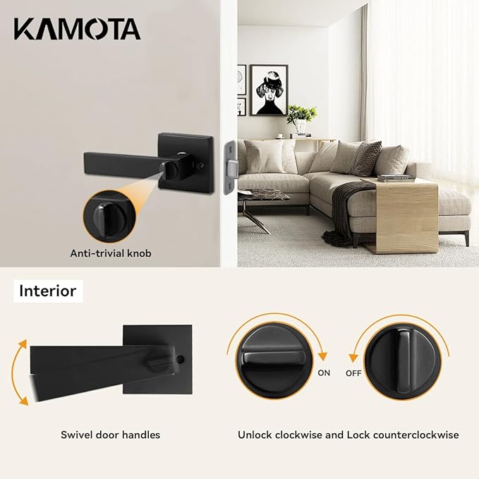KAMOTA Privacy Door Levers, 8 Pack Matte Black Door Handles Bed and Bath Door Locks Interior Keyless Locksets, Left and Right Hand Reversible