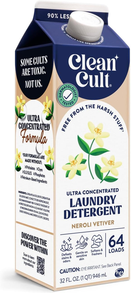 Cleancult Ultra Concentrated Liquid Laundry Detergent, 64 loads (32 oz), Long Lasting Scent, 90% Less Plastic, No Harsh Chemicals, Neroli Vetiver, Defeats Stains & Odors, HE/Standard Compatible
