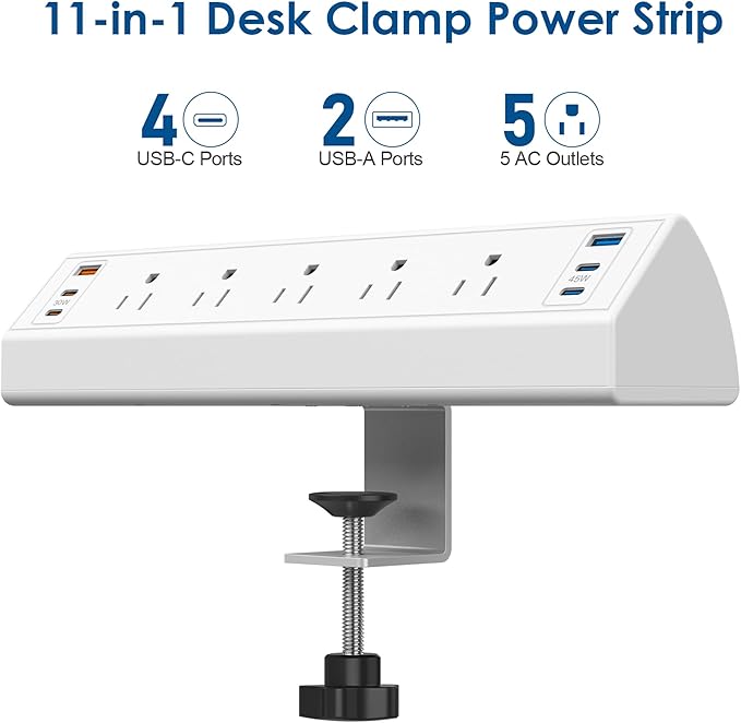 Desk Clamp Power Strip USB C,75W Total Fast Charging Station,45W and 30W USB-C Ports,Desk Edge Mount Power Strip 6-USB Ports,5 AC Outlets Tabletop Surge Protector,Fit 1.6" Tabletop Edge,White