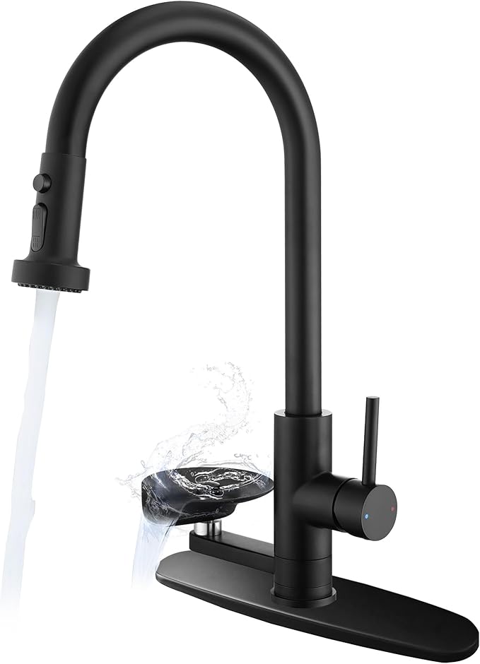 Kitchen Faucet with Glass Rinser, Pull Down Sink Faucet with 3 Spray Modes and High Pressure Glass Rinser, Single Hole 2 in 1 High Arc Stainless Steel Kitchen Faucets (Matte Black)