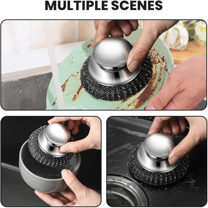 Steel Wool Scrubber with Handle, Upgrade Heavy Duty Stainless Steel Dish Scrubber for Cleaning Dishes, Iron Pots, Stoves, Kitchen Sink (1 pcs)