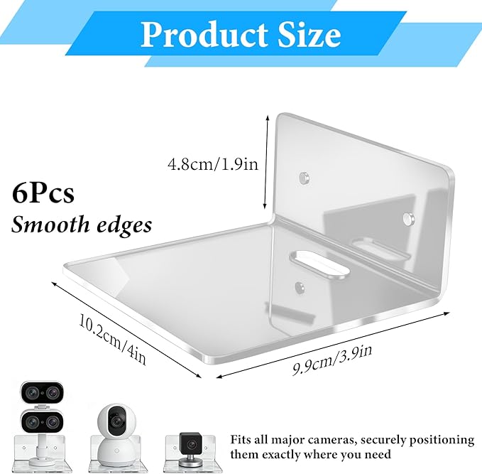 6 Pack Acrylic Mini Wall Mount Floating Shelves, Clear Small Flexible Shelf for Wall Security Camera Shelf for Bedroom, Bathroom, Living Room, Office with 2 Types of Installation
