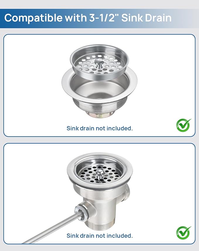 3 PCS Commercial Kitchen Sink Strainer Basket Replacement for 3-1/2 sink drain assembly–304 Stainless Steel Drain Filter, Flat Cover Basket for Food Scraps, Prevents Clogs, Heavy-Duty