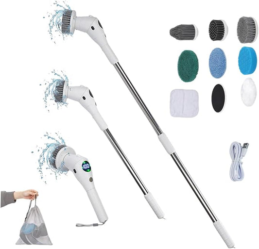 Taoke Electric Scrubber Brushes, 8 Replaceable Cleaning Heads & Adjustable Handle, 3 Speeds, with Night Light and LED Display, Bathroom Grout Floor Wall Sink Scrubber