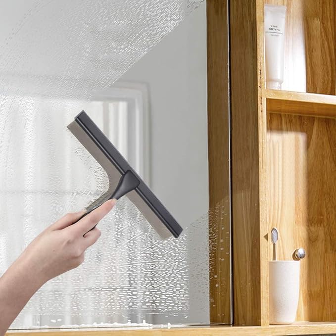 HIWARE All-Purpose Shower Squeegee for Shower Doors, Bathroom, Window and Car Glass - Black, Stainless Steel, 14 Inches