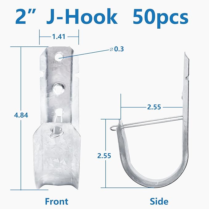 SIHAI (50 Packs 2” Inch J-Hooks, UL Certified Heavy-Duty Cable Support Hooks for Hanging CAT6/6A, Fiber Cable Management and Low Voltage Wiring (with Retainer Clip)