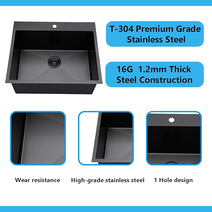 18x18 inch Drop in Bar Sink Black, Topmount Stainless Steel Small Kitchen Sink for Laundry Wet Bar Prep RV Office Outdoor Yard with Dish Grid and Basket Strainer