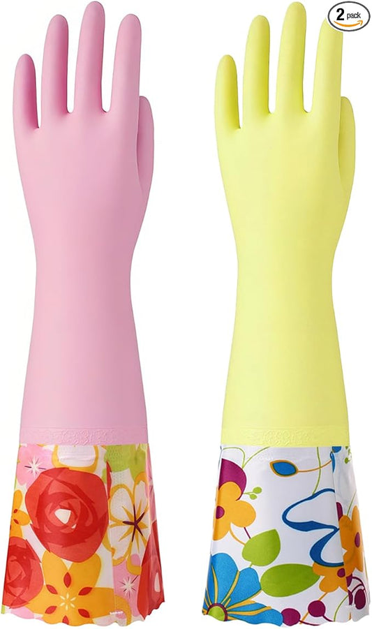 Bamllum 2 Pairs Rubber Cleaning Gloves, Household Kitchen Dishwashing Gloves with Cotton Flocked Liner, Long Cuff 16 Inches (Yellow+Pink, XL)