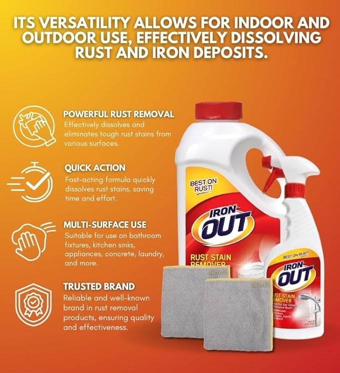 Iron Out Rust Remover Spray 16 oz + 28 oz Powder Bundle with Microfiber Cloth - Rust Stain Remover - Hard Water Toilet Stain Cleaner - Dissolves Rust on Tubs, Sinks, and Showers - (4 Items)