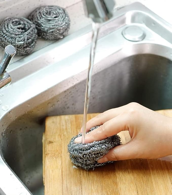 Stainless Steel Wool Scrubber(Pack of 12 Metal Sponges)for Baked-On Messes,Long Lasting & Rust Free Scouring Pads,Multi-Purpose Heavy-Duty Tough Cleaning for Uncoated Cookware/Cast Iron/Pot/Dish/Sink