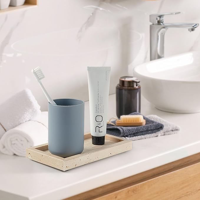Natural Small Marble Vanity Tray, Luxury Stone Organizer for Bathroom & Kitchen | Holds Soap Dispenser, Jewelry, Perfume | Non-Resin, Non-Ceramic Décor (Travertine, Mini (7.9" x 4.3" x 0.78"))