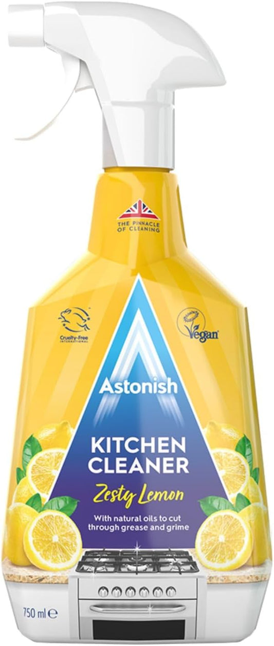Astonish Zesty Lemon Scented Kitchen Cleaner - All Purpose Cleaning Solution Removes Grease, Grime, & Surface Stains - Cruelty Free Kitchen Grease And Multi Surface Cleaner - 750ml Spray Bottle