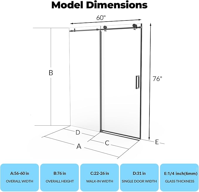 Glass Shower Door 56–60 inch W× 76 inch H, Sliding Frameless Shower Door with Round Stainless Steel Rail and 55mm Rollers, 6mm Tempered Glass, Matte Black, Stylish Bathtub and Shower Enclosure