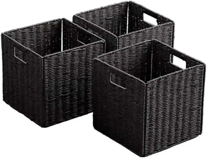 10.5x10.5in Storage Baskets Set of 3 Black Paper Rope Woven Baskets,Foldable Handwoven Storage Cubes,Wicker Cube Baskets Laundry Organizer Totes for Bathroom, Bedroom, Laundry, Pantry, Shelves