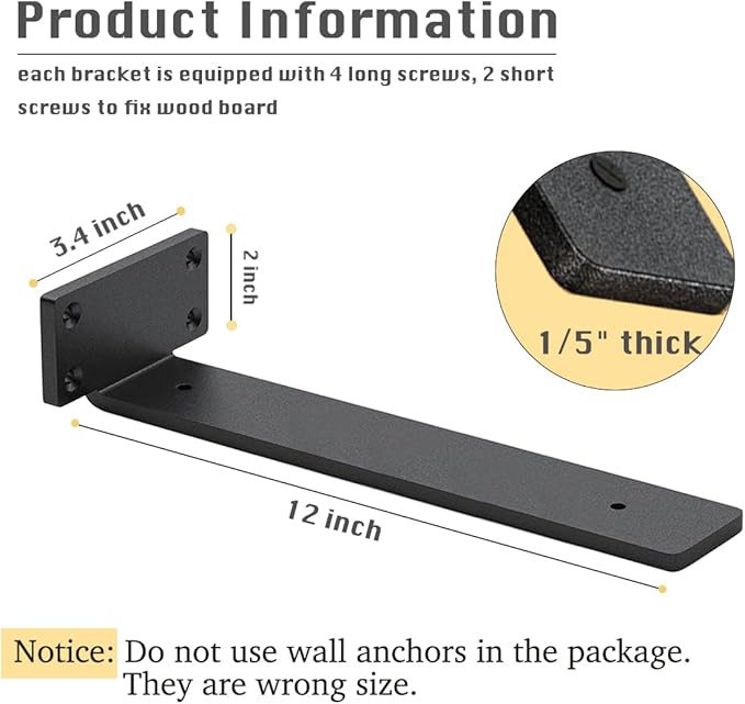 8 Pack Shelf Brackets 12 Inch Floating Shelf Bracket 1/5 inch Thick Heavy Duty Hidden Shelf Brackets Iron Metal Brackets for Shelf Support with Screw Included