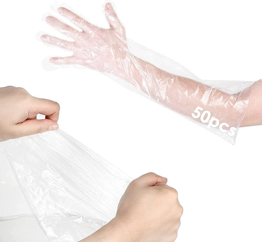 50 Pcs Disposable Veterinary Plastic Gloves, 33.5-inch Disposable Long Arm Gloves Safety Poly Vet Long Sleeve Gloves, Latex-Free Clear Gloves for Food Handling, Animal Inspection Work