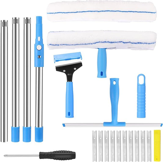 5 Feet Professional Window Cleaning Kit Extendable Window Mop with 61" Long Handle 14" Extra-Large Squeegee for Windshield Mirror Shower, with Blade Floor Scraper Tool