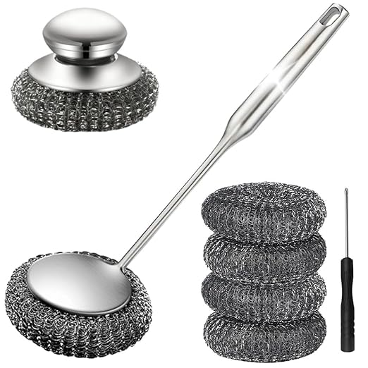 Steel Wool Scrubber with Handle: 7Pcs Stainless Steel Scrubber Brush Set – 1 Long Brushes,1 Short Brushes,4 Replaceable Pads,1 Screwdriver for Home Cooks,BBQ Enthusiasts,Anti-Scratch,for Kitchen