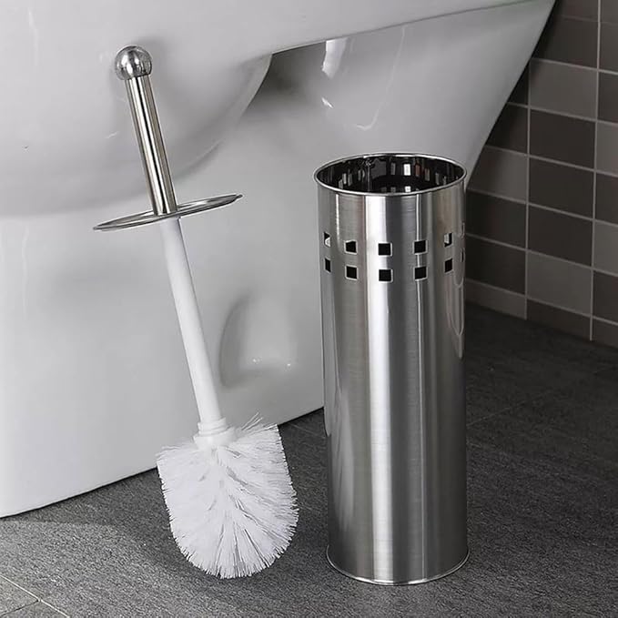 tooloflife Toilet Brush Rust-Resistant with Strong Bristles and Soft Handle Holder Set for Toilet Cleaning Silver