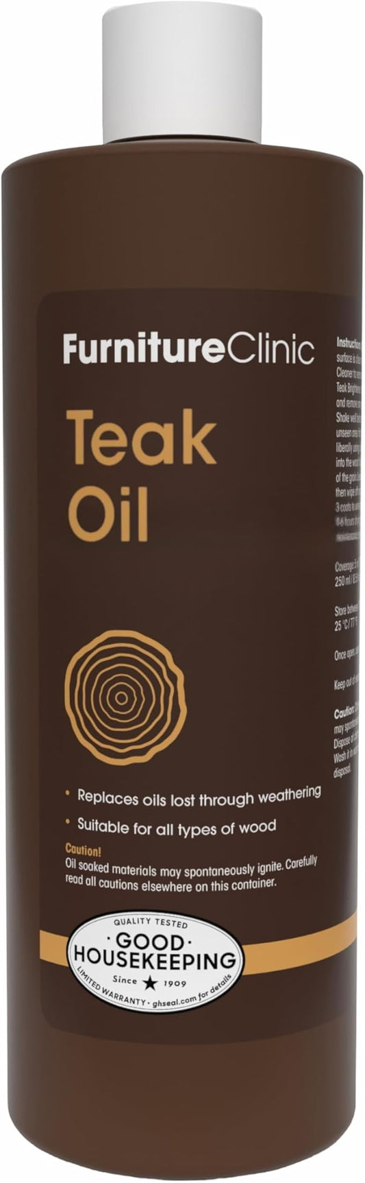 Furniture Clinic Teak Oil | Wood Oil Protects & Cleans Outdoor & Indoor Furniture, Boats, Shower Benches | Restore & Protect Wood, Prevent Drying & Other Damage | Natural Matte Finish | 17oz/500ml