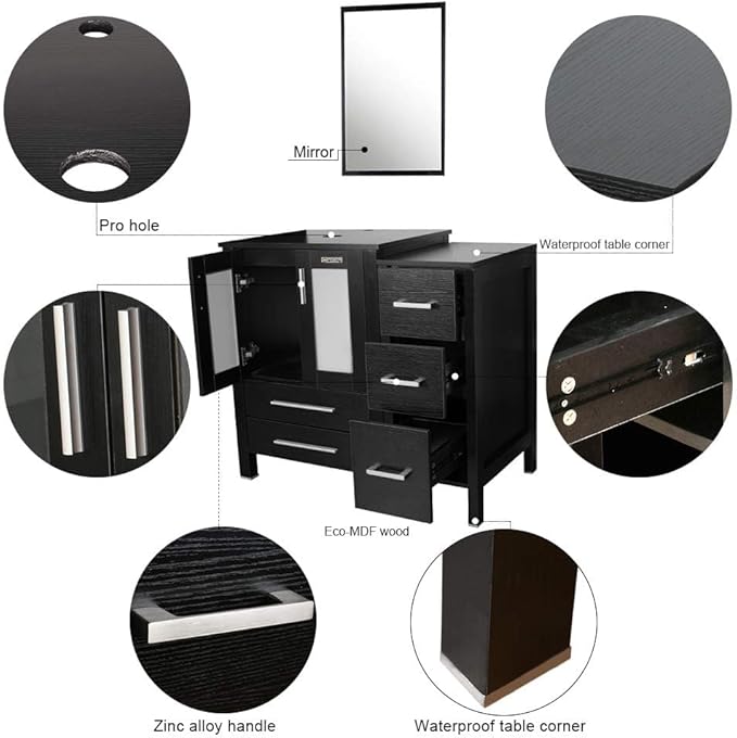 eclife 36" Modern Bathroom Vanity Sink Combo Freestanding Cabinet with Small Side Cabinet, White Curved Ceramic Vessel Sink, Water Save Faucet, Drain (Black+T32)