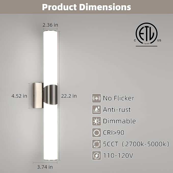 Modern Wall Sconce 22 Ihch Brushed Nickel Bathroom Sconces LED Wall Lighting Fixtures with Acrylic Shade Hardwired Long Vanity Lights Over Mirror for Bedroom Living Room Hallway