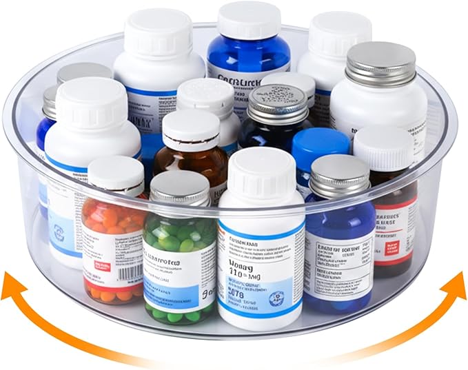 Medicine Bottle Organizer, Rotating Medicine Organizer for Cabinet, 9" Diameter, Transparent Rotary Turntable Organizer for Empty Pill Bottles Medication Supplements Vitamins