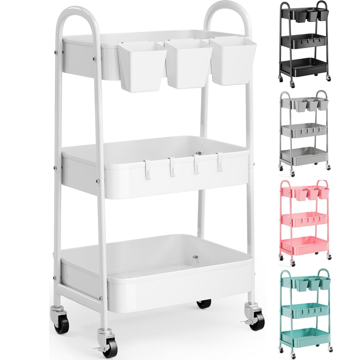 3 Tier Heavy Duty White Metal Rolling Cart with Lockable Wheels - Image 1