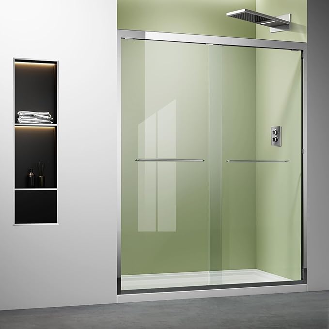 Chrome Shower Glass Door,56-60 x 72 inch Bathroom Sliding Door with 1/4'' Clear Tempered Glass,Double Sliding Shower Doors for Walk-in Shower,Semi-Frameless Shower Door
