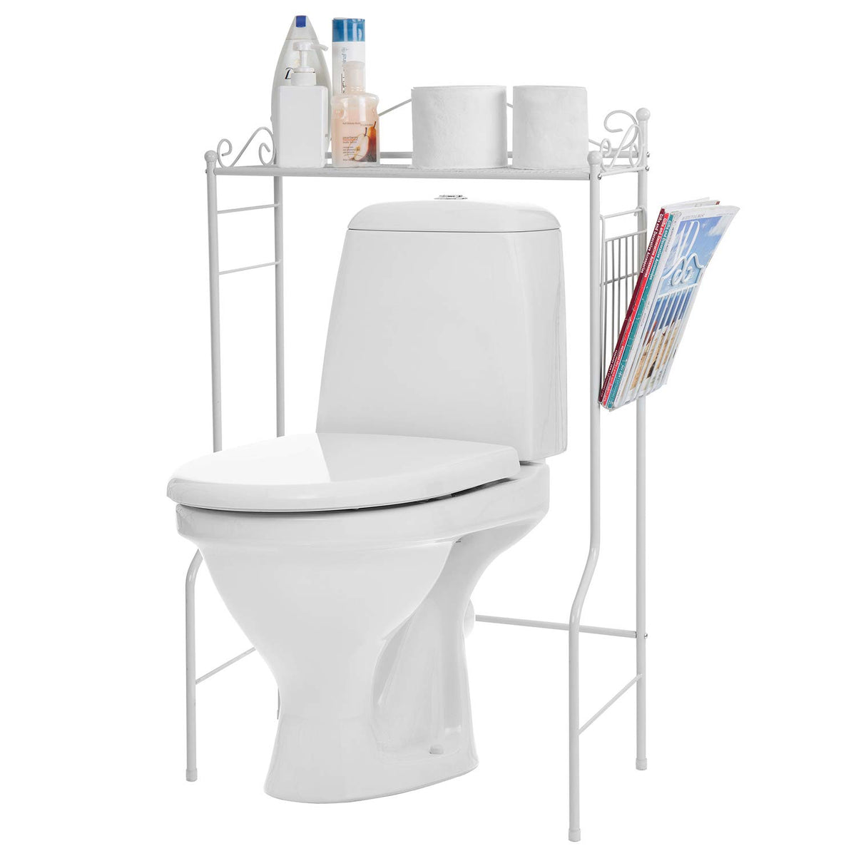 MyGift Over Toilet Storage Shelf with Magazine Basket, White - Image 1