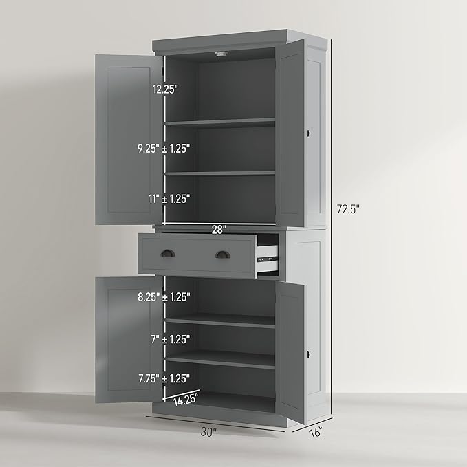 HOMCOM 72.5" Kitchen Pantry Cabinet, Traditional Freestanding Storage Cabinet with 4 Doors, Drawer and 3 Adjustable Shelves for Dining Room, Gray