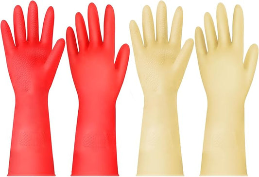 Rubber Cleaning Gloves for Dishwashing - 4 Pairs Kitchen Gloves for Washing Dishes, Reusable Household Gloves for Bathroom, Gardening (Small, Red & Beige, 2 Pairs of Each Color)