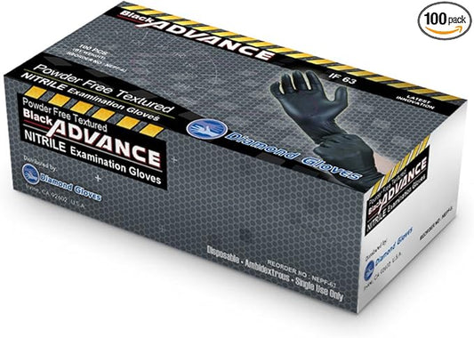 Diamond Gloves Black Advance Nitrile Examination Powder Free Gloves, Black, 6.3 mil, Heavy Duty, Medical Grade, 100/box